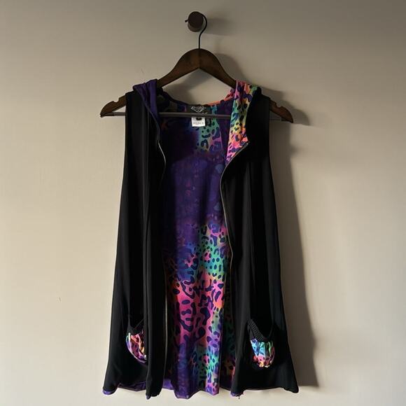 ANGEL APPAREL ZIP-UP HOODED VEST BLACK / RAINBOW ANIMAL PRINT SIZE SMALL - Picture 2 of 8